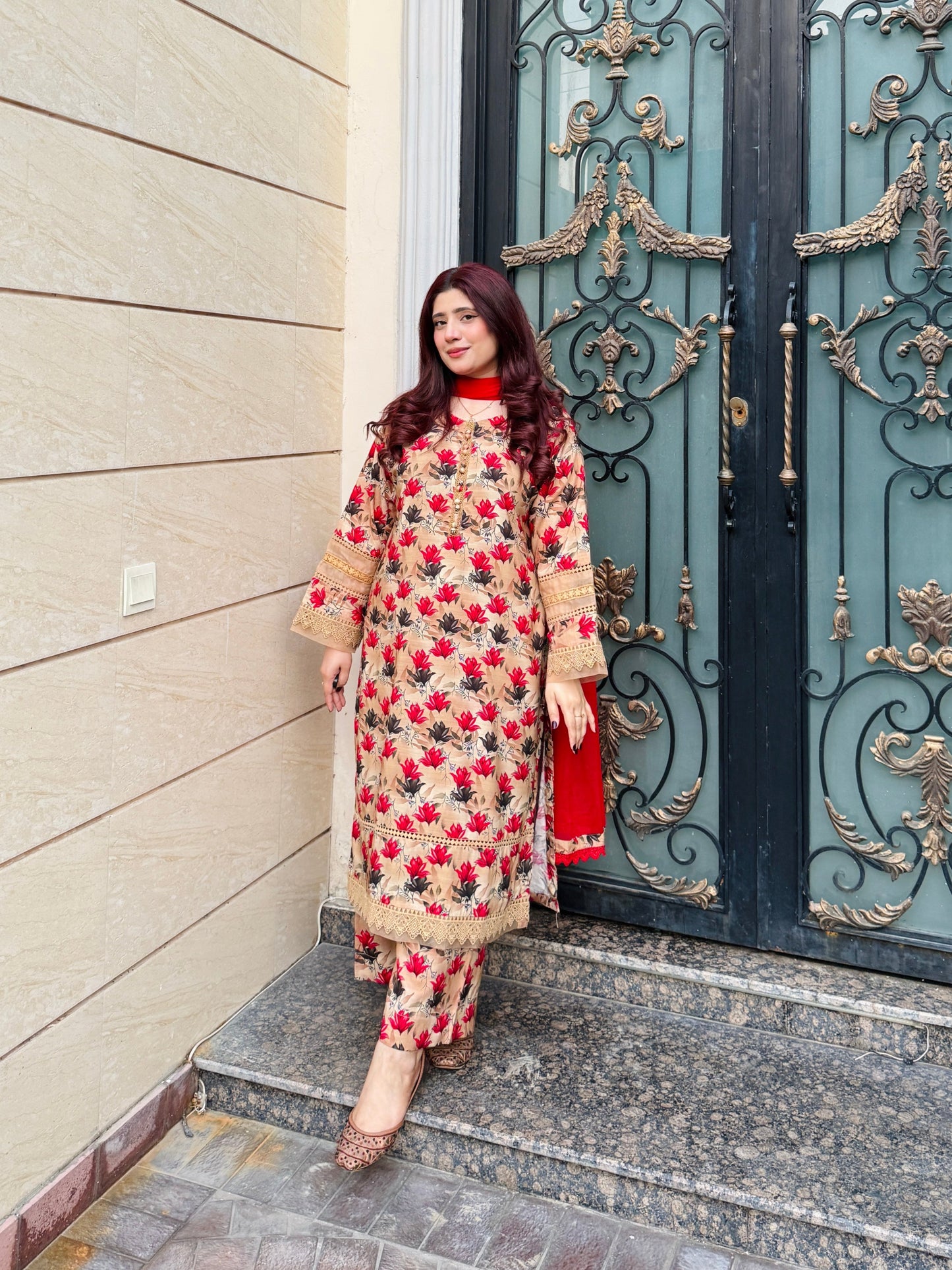 3-Piece Cambric Linan Stitched Dress -056