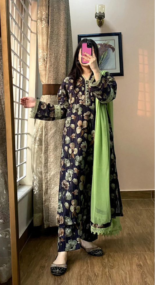 3 Piece -Dobby Linan Stitched Dress -054