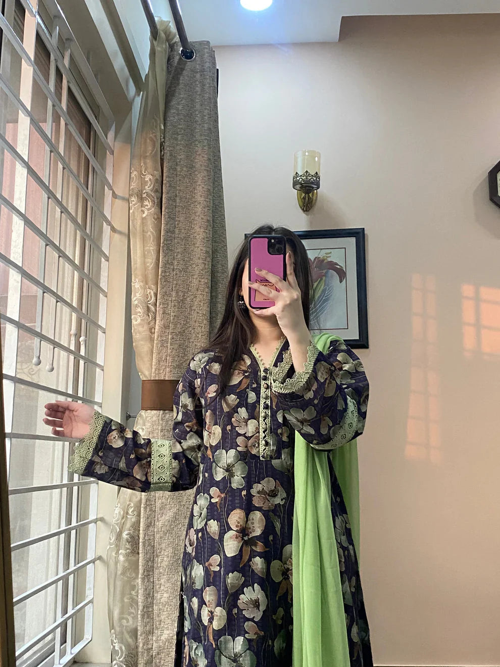 3 Piece -Dobby Linan Stitched Dress -054