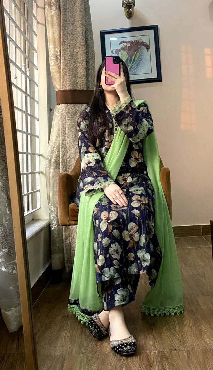 3 Piece -Dobby Linan Stitched Dress -054