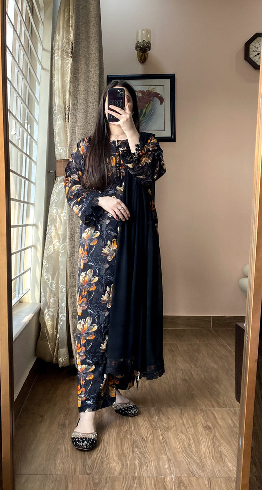 3 Piece Premium Lawn Stitched Dress- 086