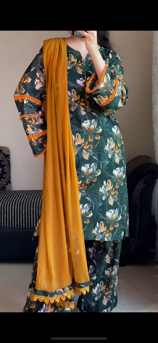 3-Piece Premium Dobby Lawn Stitched Dress-123