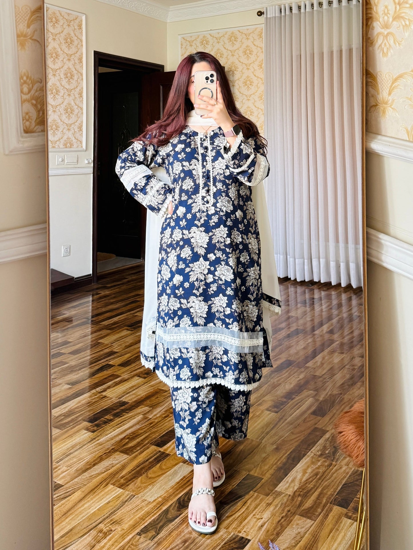 3-Piece Cambric Linan Stitched Dress - 059