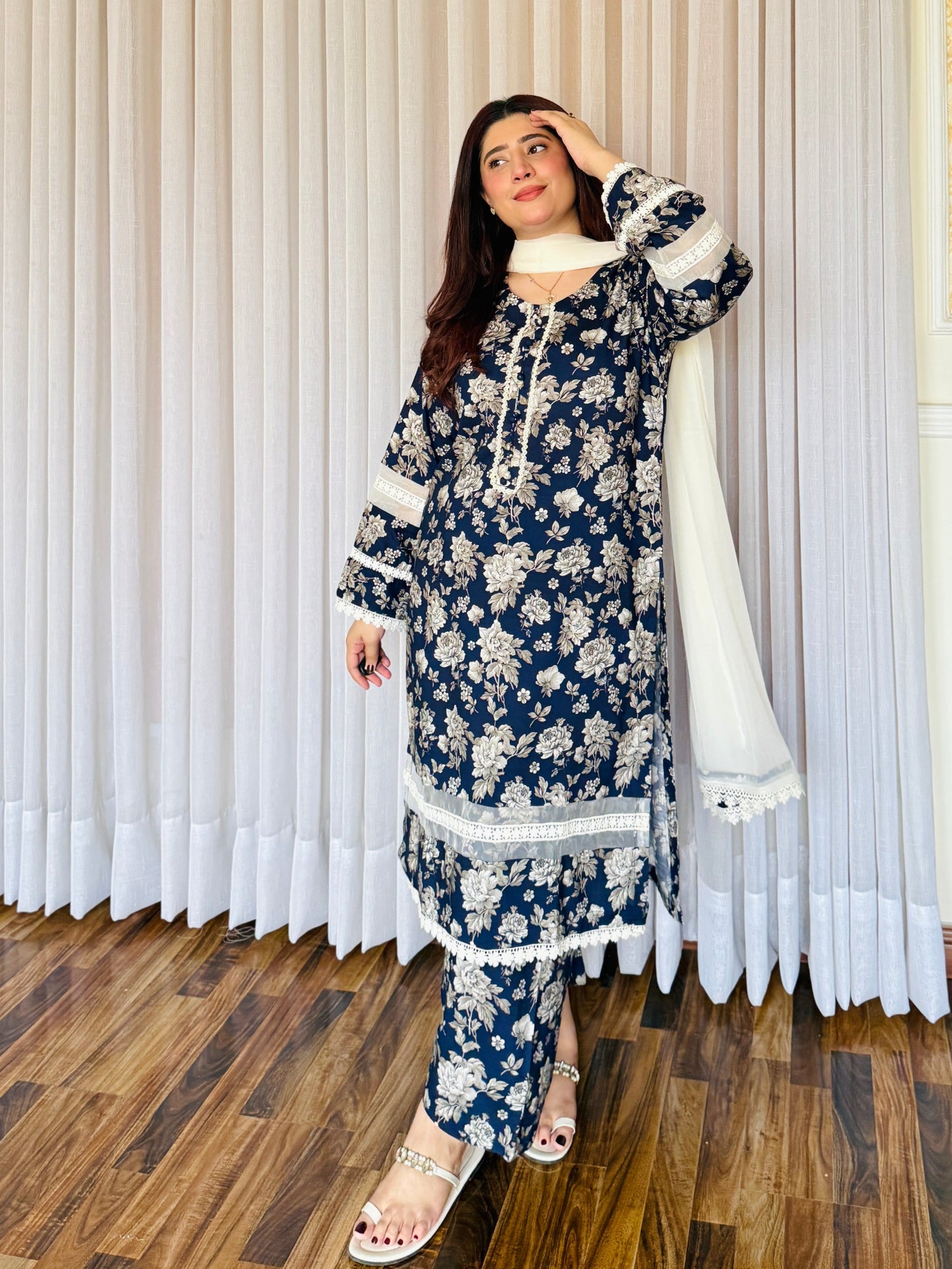 3-Piece Cambric Linan Stitched Dress - 059