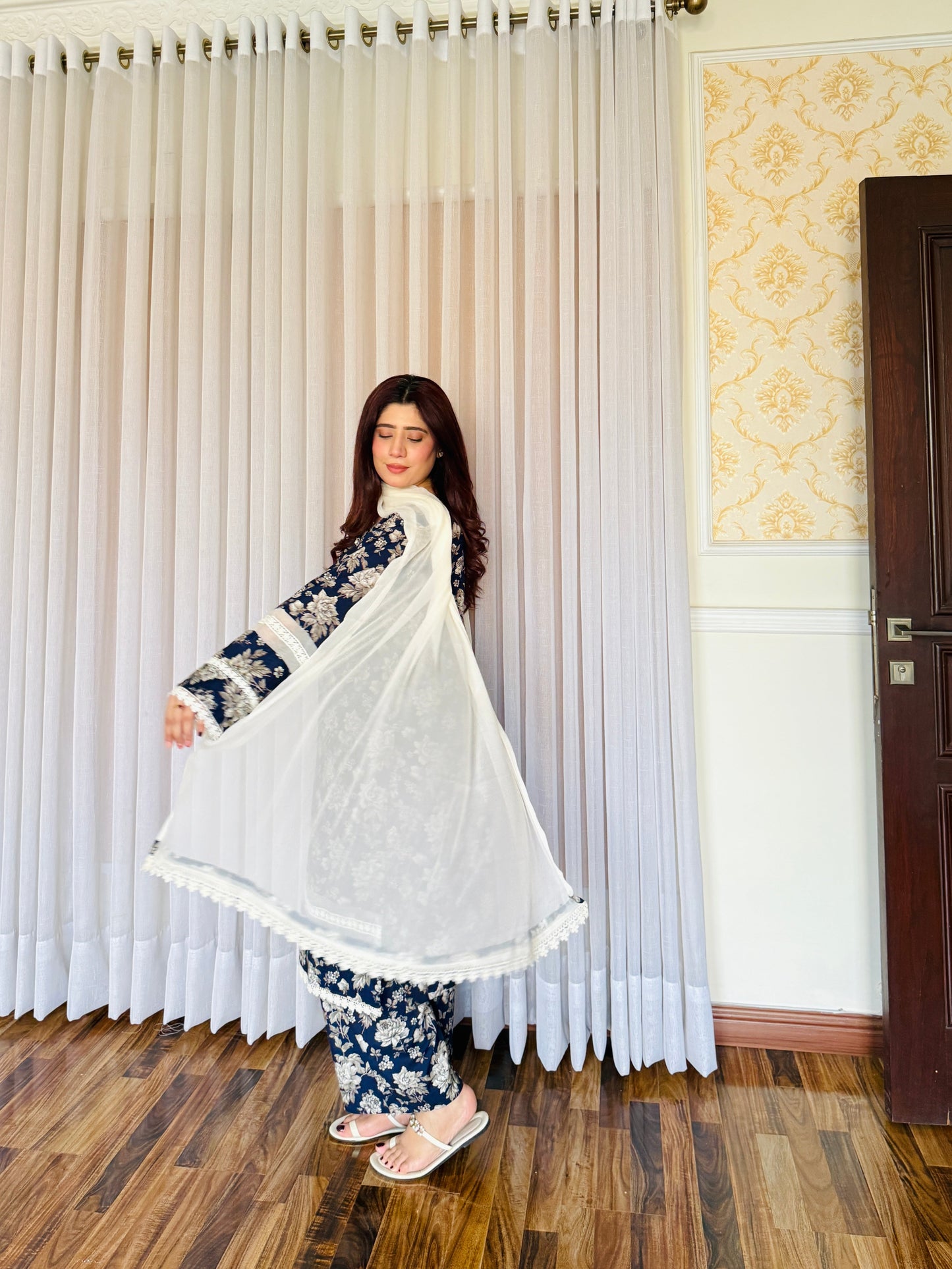 3-Piece Cambric Linan Stitched Dress - 059