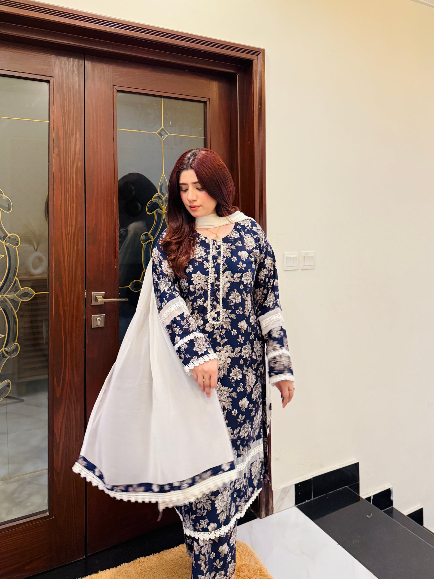 3-Piece Cambric Linan Stitched Dress - 059