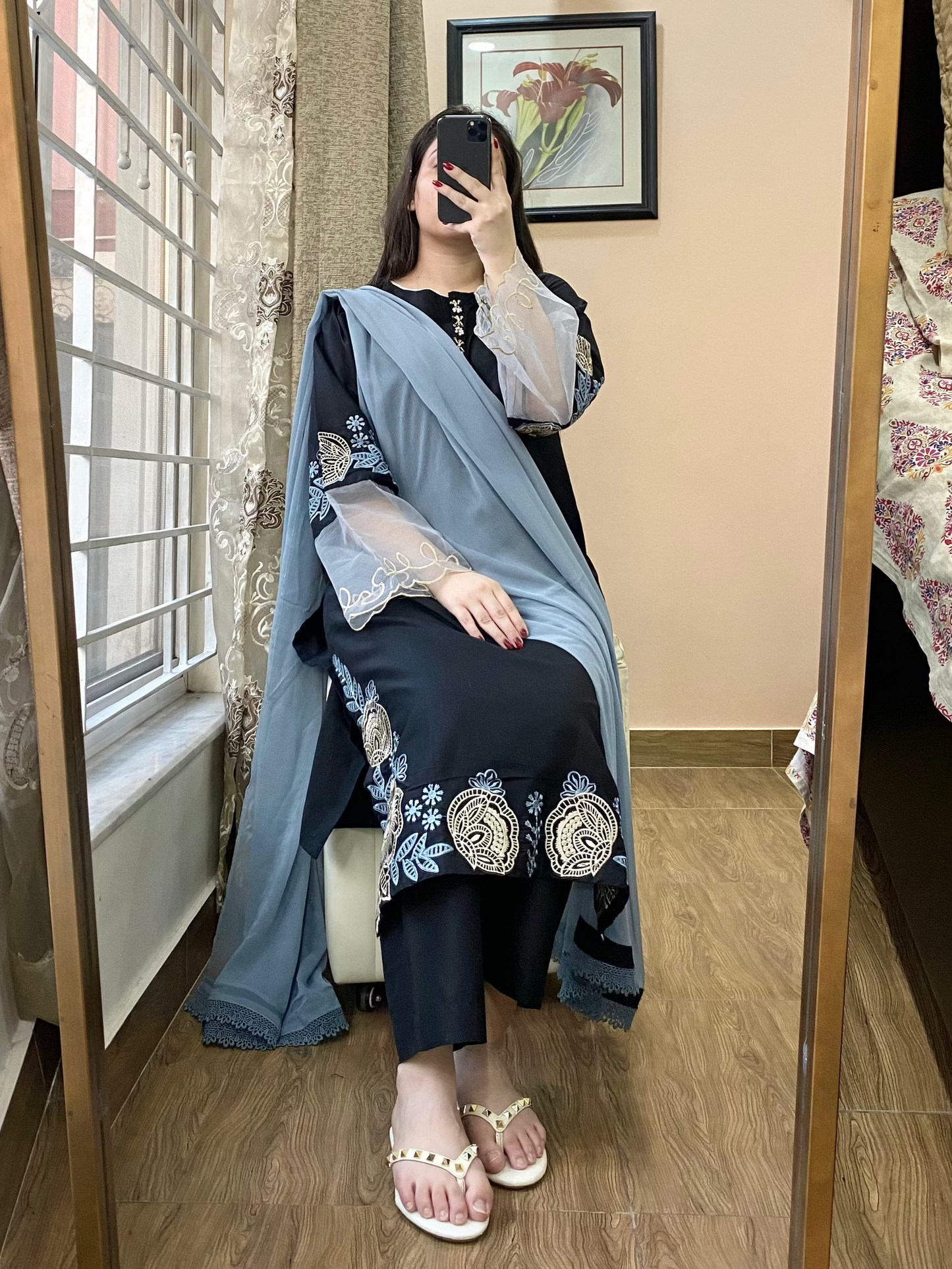 3 Piece Embroidered Lawn Stitched Dress - 119-BLACK