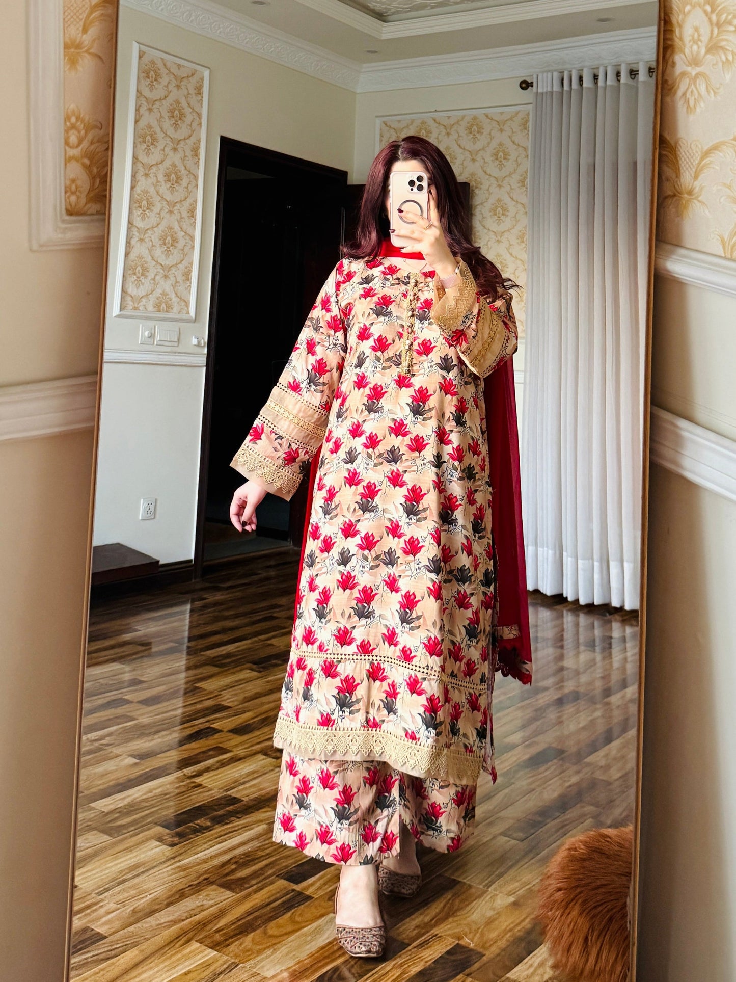 3-Piece Cambric Linan Stitched Dress -056