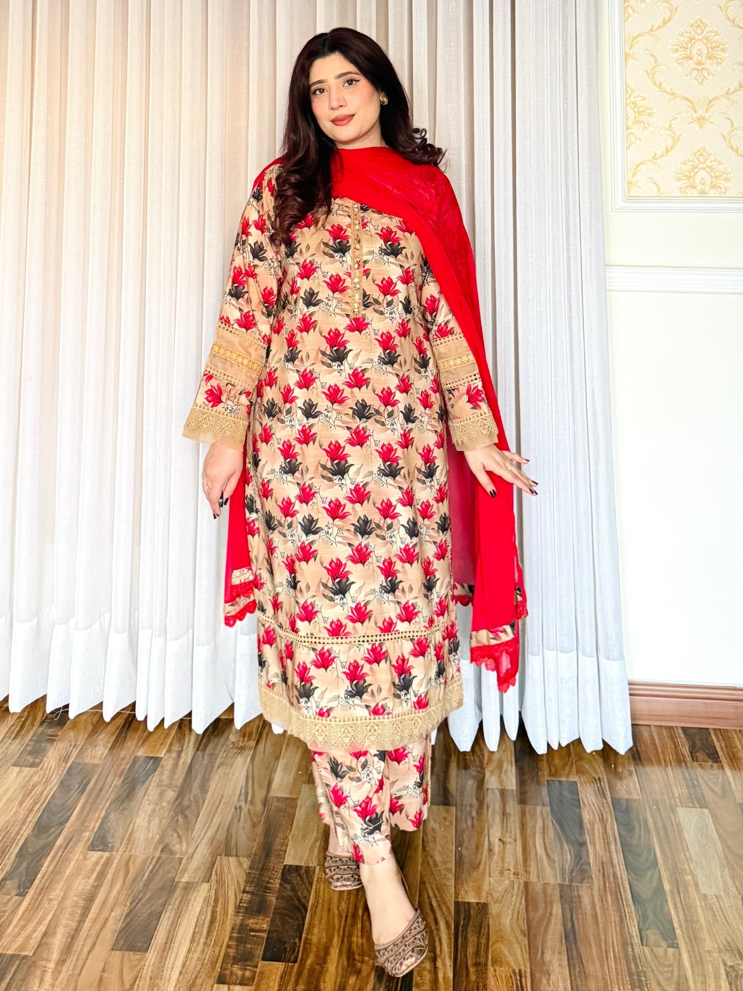 3-Piece Cambric Linan Stitched Dress -056