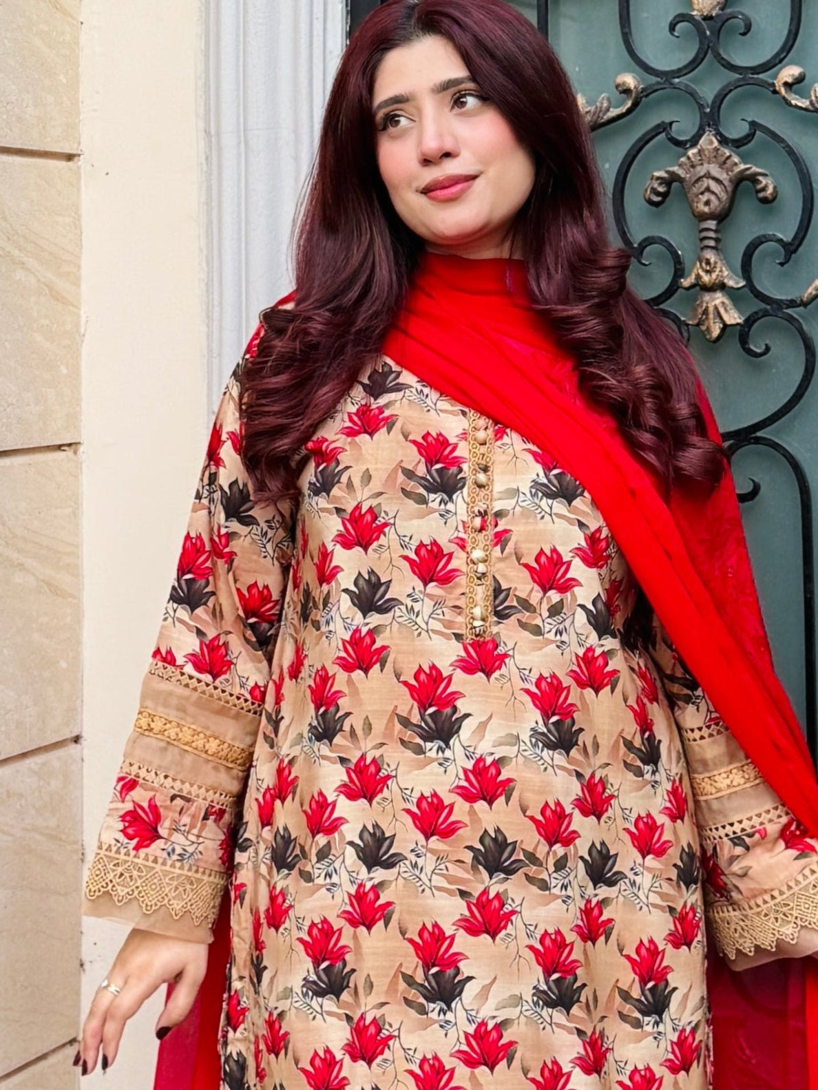 3-Piece Cambric Linan Stitched Dress -056