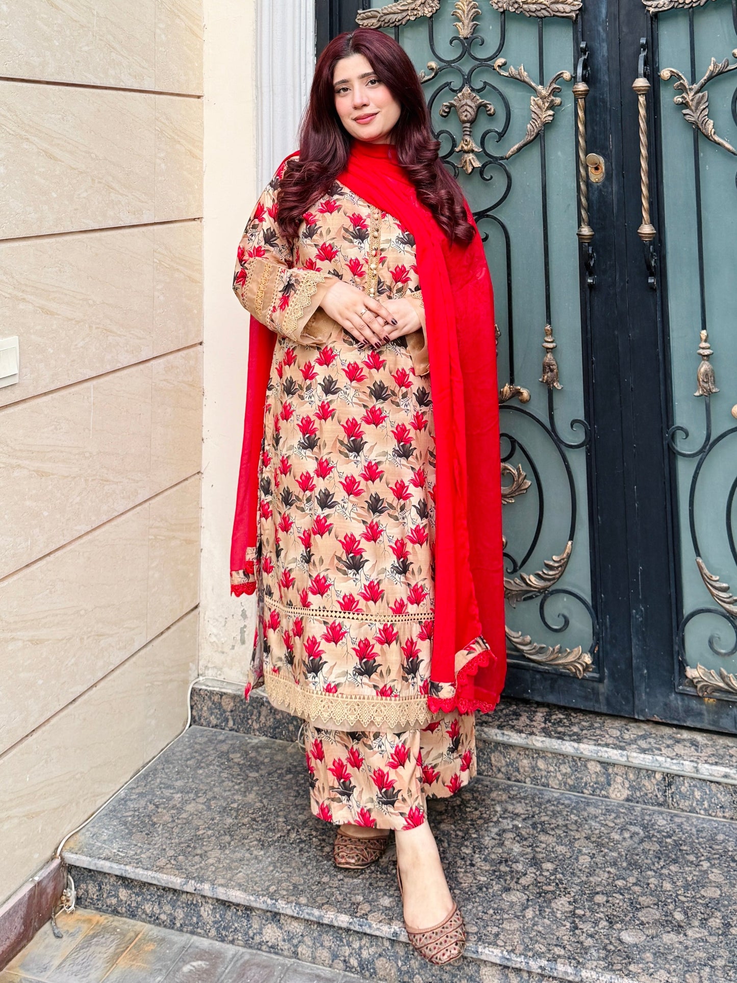 3-Piece Cambric Linan Stitched Dress -056