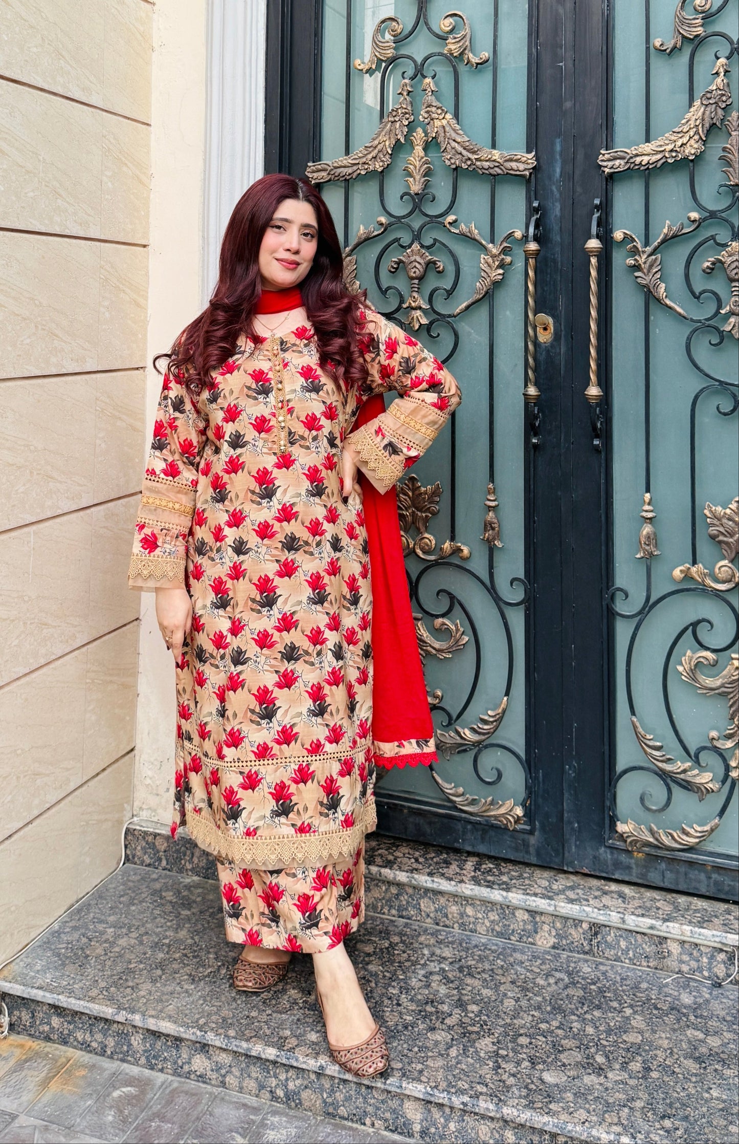 3-Piece Cambric Linan Stitched Dress -056