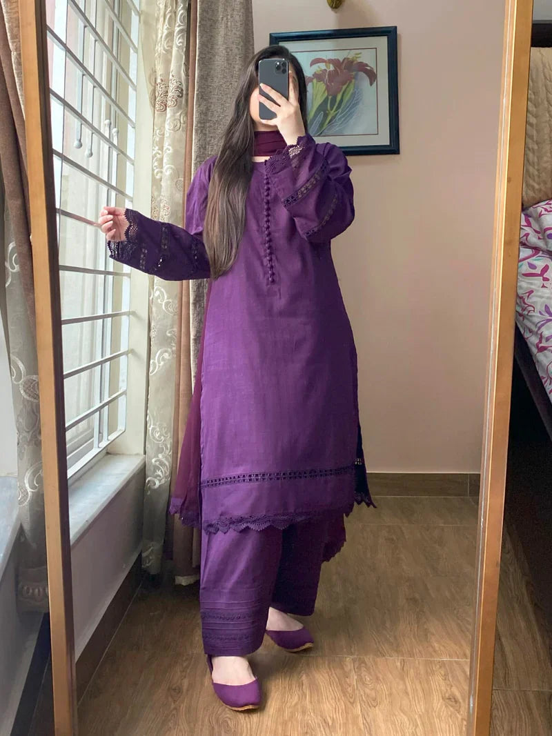 3 Piece Pure Lawn Stitch Suit with Farshi Shalwar 202