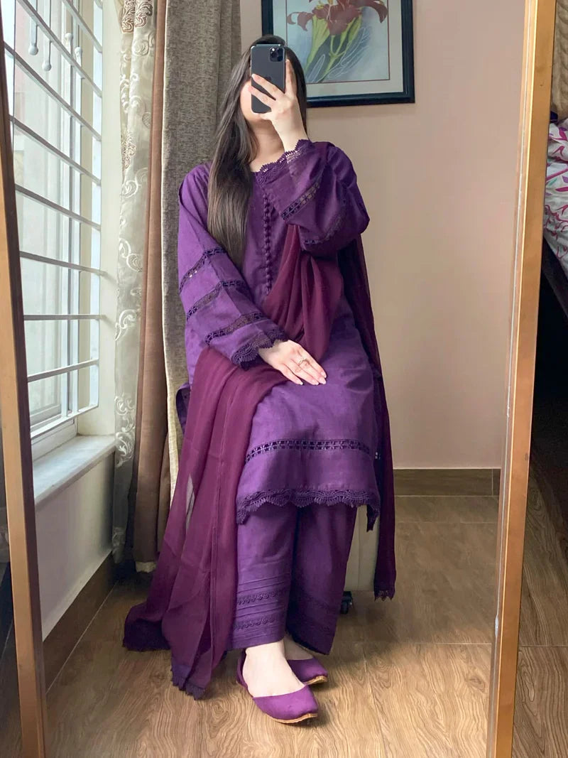 3 Piece Pure Lawn Stitch Suit with Farshi Shalwar 202
